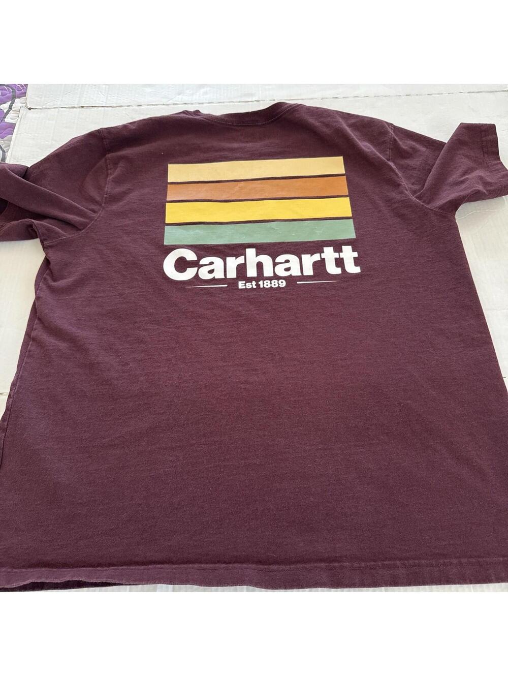 Carhartt Relaxed Fit Pocket T-Shirt Burgundy Logo Graphic Size XL